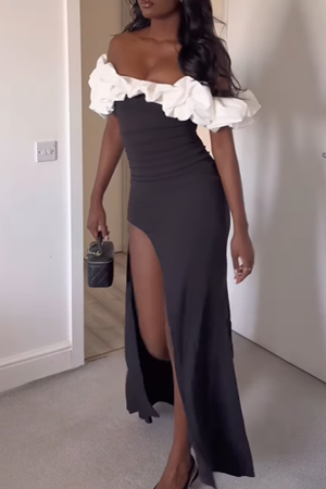 Black Off Shoulder Draped Ruffled Sleeve Side High Slit Formal Evening Party Prom Ruched Maxi Dresses