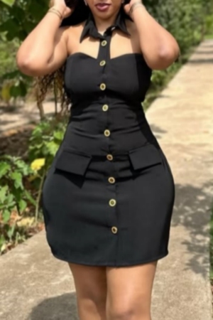 Black Sleeveless Backless Buttons Formal Office Lady Halter Bodycon Mini Dresses