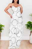 White Polka Dot Print Sleeveless O Neck Casual Vacation Baggy Sundress Maxi Slip Dresses