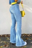 Light Blue Stripe Print Mid Waist Casual Distressed Boot Cut Flare Leg Denim Jeans
