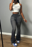 Grey Mid Waist Pocket Buttons Casual Flare Leg Denim Jeans