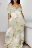 Light Gray Floral Print V Neck Short Sleeve Pocket Plus Size Loose Straight Maxi Dresses