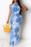 Teal Floral Print O Neck Sleeveless Vaction Bodycon Maxi Dress