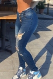 Dark Blue Mid Waist Buckle Buttons Casual Ripped Bodycon Denim Jeans
