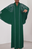 Black Hot Drill V Neck Flare Sleeve Casual Loose Vacation Kaftan Maxi Dress