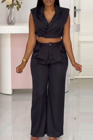 Black Turn-back Collar Sleeveless Pocket Strap Design Crop Tops And Wide Leg Pants Formal Office Lady Casual Two Pieces Trouser Sets
