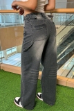 Grey Mid Waist Pocket Straight Casual Distressed Wide Leg Denim Jeans