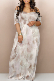 Light Gray Floral Print V Neck Short Sleeve Pocket Plus Size Loose Straight Maxi Dresses