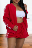 Red Stripe Print Long Sleeve Jackets And Shorts Sportwear Casual Two Pieces Shorts Sets