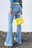 Light Blue Stripe Print Mid Waist Casual Distressed Boot Cut Flare Leg Denim Jeans