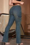 Dark Blue High Waist Pocket Casual Boot Cut Denim Jeans