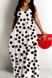 White Polka Dot Print Sleeveless O Neck Casual Vacation Baggy Sundress Maxi Slip Dresses