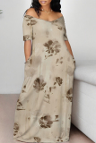 Light Gray Floral Print V Neck Short Sleeve Pocket Plus Size Loose Straight Maxi Dresses