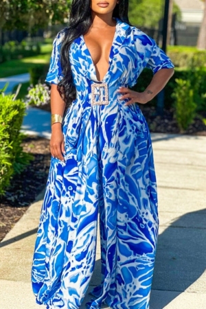Blue Graphics Print Deep V Neck Half Sleeve Pocket Casual Vacation Wide Leg Jumpsuits (Without Belt)