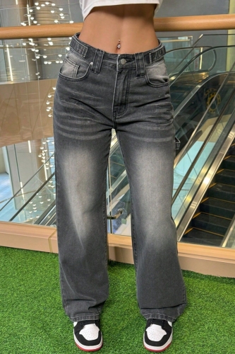 Grey Mid Waist Pocket Straight Casual Distressed Wide Leg Denim Jeans