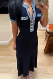 Navy Blue Colorblock O Neck Short Sleeve Buttons Vacation Maxi Dress