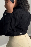 Black Turndown Collar Long Sleeve Buttons Casual Crop Denim Jacket