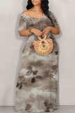 Light Gray Floral Print V Neck Short Sleeve Pocket Plus Size Loose Straight Maxi Dresses