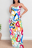 White Flowers Heart Shaped Leaf Print Sleeveless O Neck Casual Vacation Baggy Sundress Maxi Slip Dresses