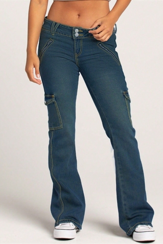 Dark Blue High Waist Pocket Casual Boot Cut Denim Jeans