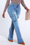 Light Blue Mid Waist Pocket Casual Distressed Flare Leg Denim Jeans