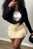 Black Turndown Collar Long Sleeve Buttons Casual Crop Denim Jacket