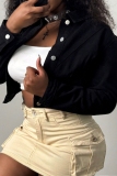 Black Turndown Collar Long Sleeve Buttons Casual Crop Denim Jacket