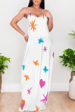White Flowers Heart Shaped Leaf Print Sleeveless O Neck Casual Vacation Baggy Sundress Maxi Slip Dresses