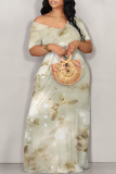 Light Gray Floral Print V Neck Short Sleeve Pocket Plus Size Loose Straight Maxi Dresses