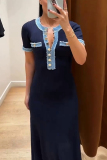 Navy Blue Colorblock O Neck Short Sleeve Buttons Vacation Maxi Dress