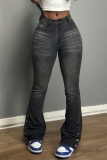 Grey Mid Waist Pocket Buttons Casual Flare Leg Denim Jeans