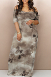 Light Gray Floral Print V Neck Short Sleeve Pocket Plus Size Loose Straight Maxi Dresses