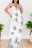 White Flowers Heart Shaped Leaf Print Sleeveless O Neck Casual Vacation Baggy Sundress Maxi Slip Dresses