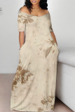 Light Gray Floral Print V Neck Short Sleeve Pocket Plus Size Loose Straight Maxi Dresses