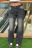 Grey Mid Waist Pocket Straight Casual Distressed Wide Leg Denim Jeans