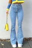 Light Blue Stripe Print Mid Waist Casual Distressed Boot Cut Flare Leg Denim Jeans