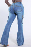 Light Blue Mid Waist Pocket Casual Distressed Flare Leg Denim Jeans