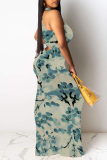 Teal Floral Print O Neck Sleeveless Vaction Bodycon Maxi Dress