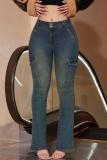 Dark Blue High Waist Pocket Casual Boot Cut Denim Jeans