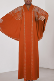 Black Hot Drill V Neck Flare Sleeve Casual Loose Vacation Kaftan Maxi Dress
