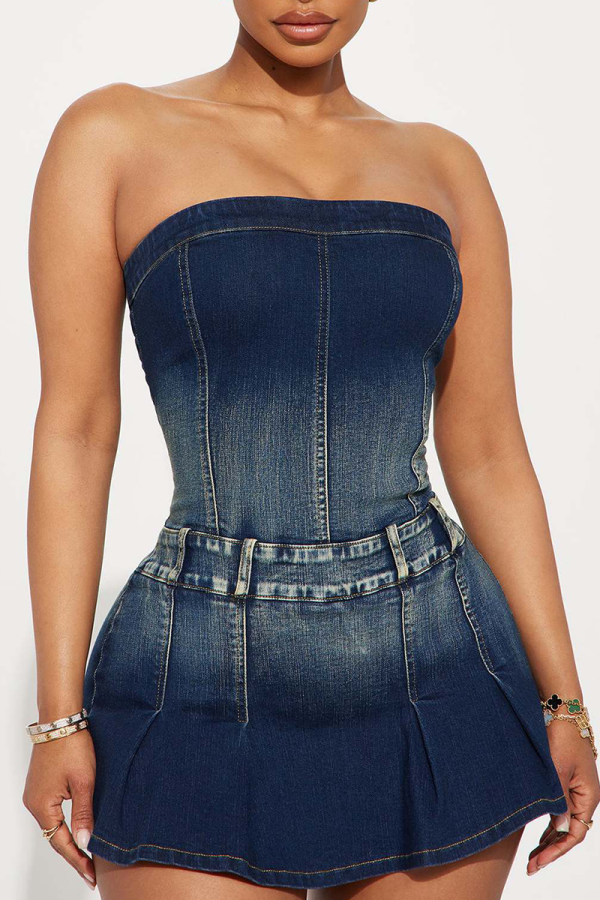 Denim Blue Strapless Sleeveless Zipper Distressed Tube Tops Denim Jumpsuits