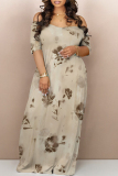 Light Gray Floral Print V Neck Short Sleeve Pocket Plus Size Loose Straight Maxi Dresses