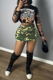 Army Green Camouflage Print High Waist Pocket Casual Cargo Mini Skirts