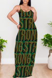 Dark Green Letter Print Sleeveless O Neck Casual Vacation Baggy Sundress Maxi Slip Dresses