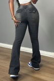 Grey Mid Waist Pocket Buttons Casual Flare Leg Denim Jeans