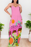 Pink Cartoon Print Sleeveless O Neck Casual Vacation Baggy Sundress Maxi Slip Dresses