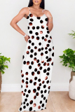 White Polka Dot Print Sleeveless O Neck Casual Vacation Baggy Sundress Maxi Slip Dresses