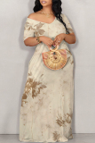 Light Gray Floral Print V Neck Short Sleeve Pocket Plus Size Loose Straight Maxi Dresses