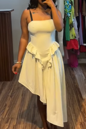 White Sleeveless Spaghetti Strap Stringy Selvedge Irregular Hem Vacation Maxi Slip Dresses