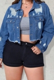 Medium Blue Turndown Collar Buttons Casual Plus Size Ripped Crop Denim Jacket